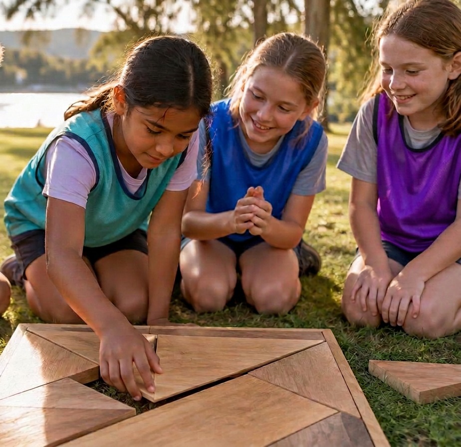 Three children in teal, blue and purple House colours working on a wooden mission together