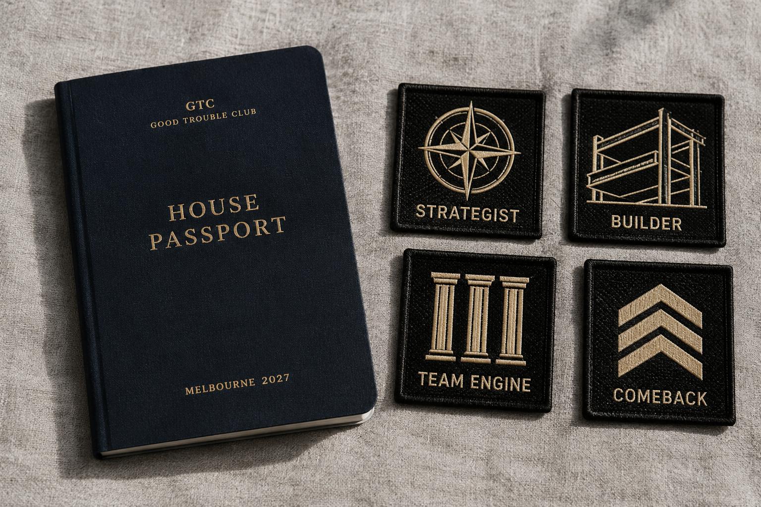 Physical concept House Passport alongside Strategist, Builder, Team Engine and Comeback woven patches