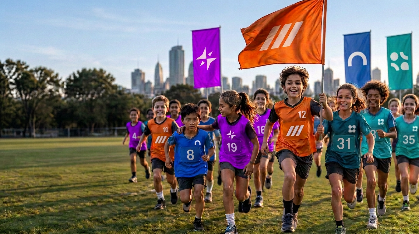 Children in Spark purple, Rush orange, Rise blue and Rally teal move together beneath four original House flags on a Melbourne field