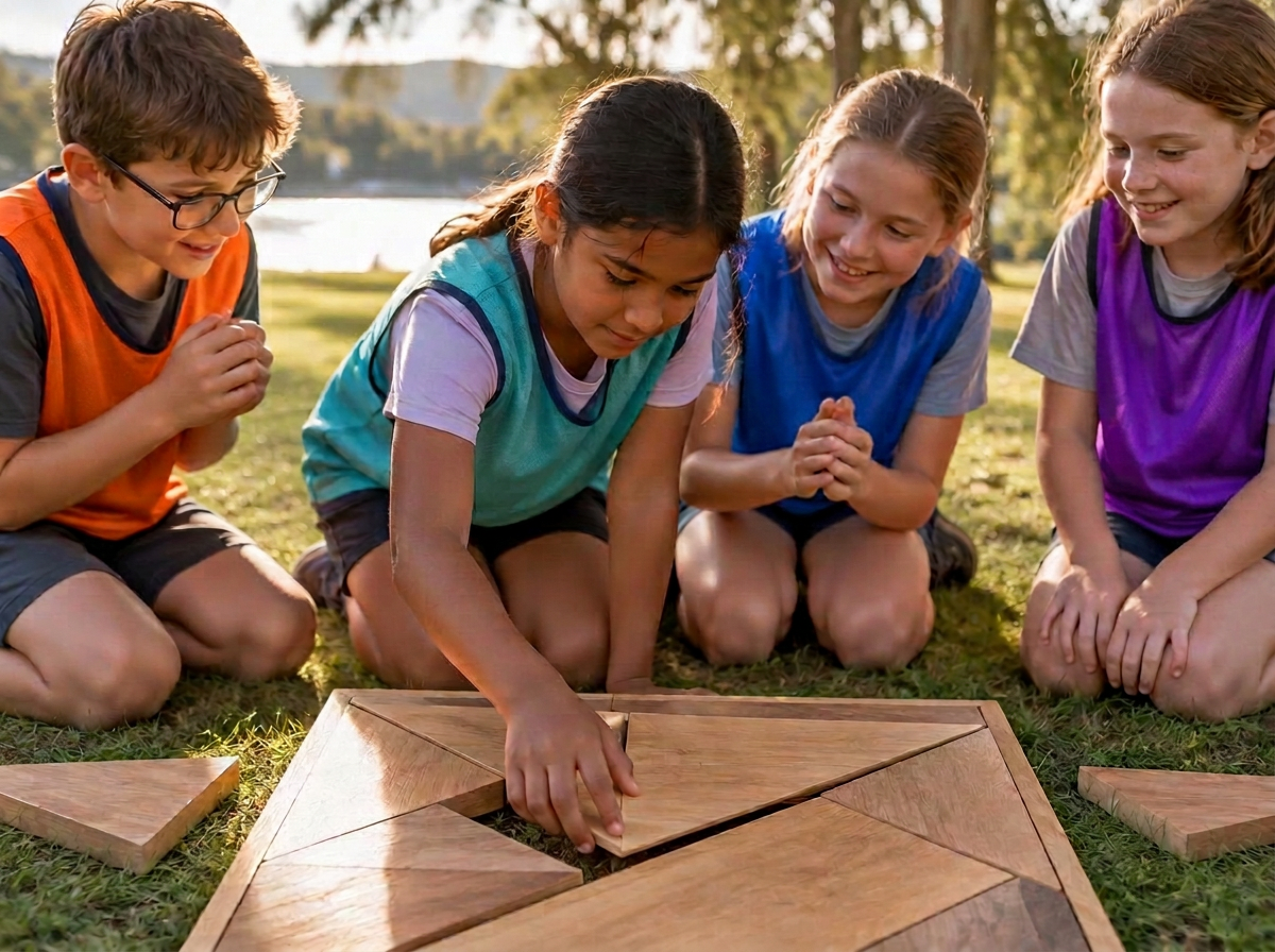 Children working together to build and solve a wooden challenge outdoors